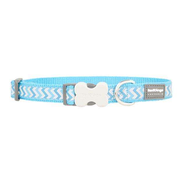 Red Dingo Reflective Ziggy Dog Collar in turquoise nylon with white zigzags, a bone buckle, and stainless steel D-ring.