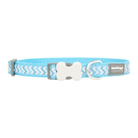 Red Dingo Reflective Ziggy Dog Collar in turquoise nylon with white zigzags, a bone buckle, and stainless steel D-ring.