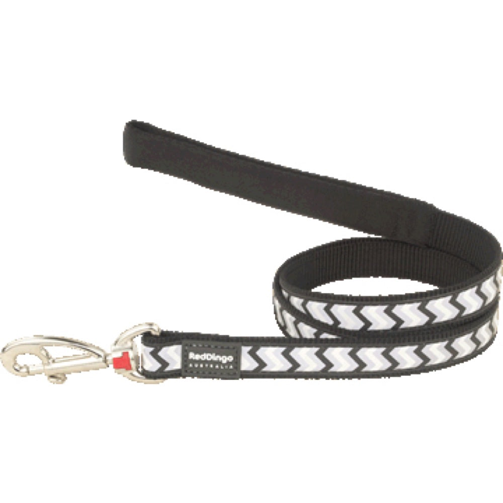 Black Red Dingo Reflective Ziggy nylon dog leash with white and grey chevron pattern, padded handle, and metal clip.