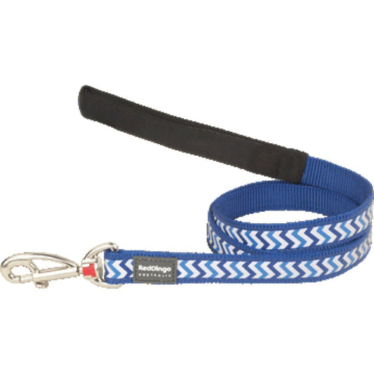 Red Dingo Reflective Ziggy dark blue nylon dog leash with white and light blue chevron pattern and padded black handle.