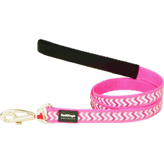 Hot pink Red Dingo Reflective Ziggy nylon dog leash with a padded black handle and gold-colored clasp.