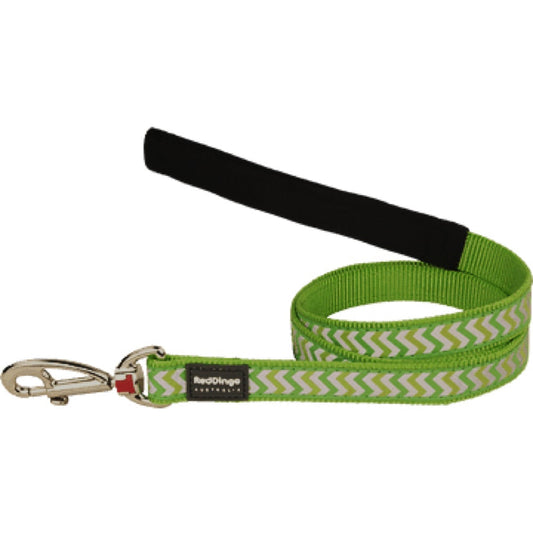 Lime green Red Dingo Reflective Ziggy nylon dog leash with a padded black handle and silver clip.