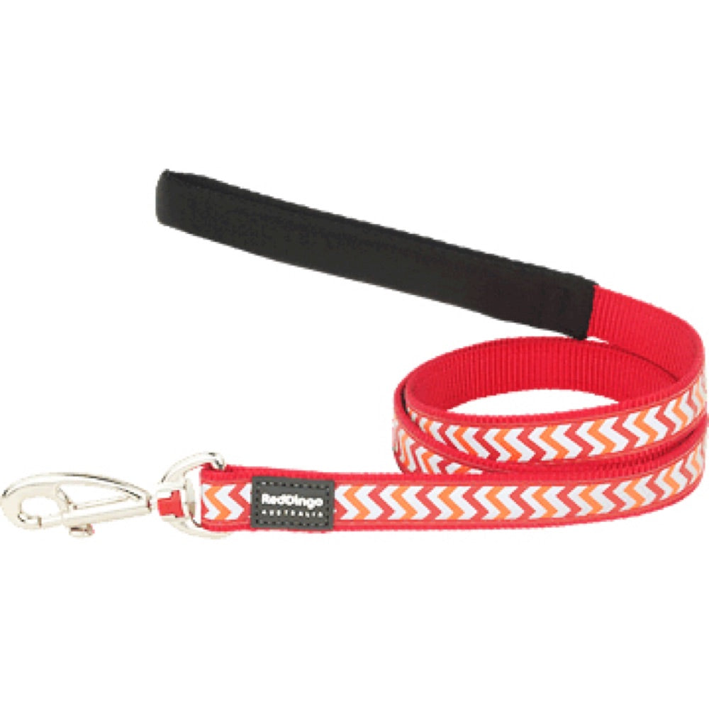 Red Dingo Reflective Ziggy red nylon dog leash with orange and white chevron pattern, padded black handle, and metal clip.
