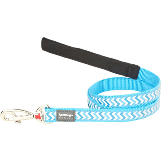 Turquoise Red Dingo Reflective Ziggy nylon dog leash with silver chevron pattern and black padded handle.