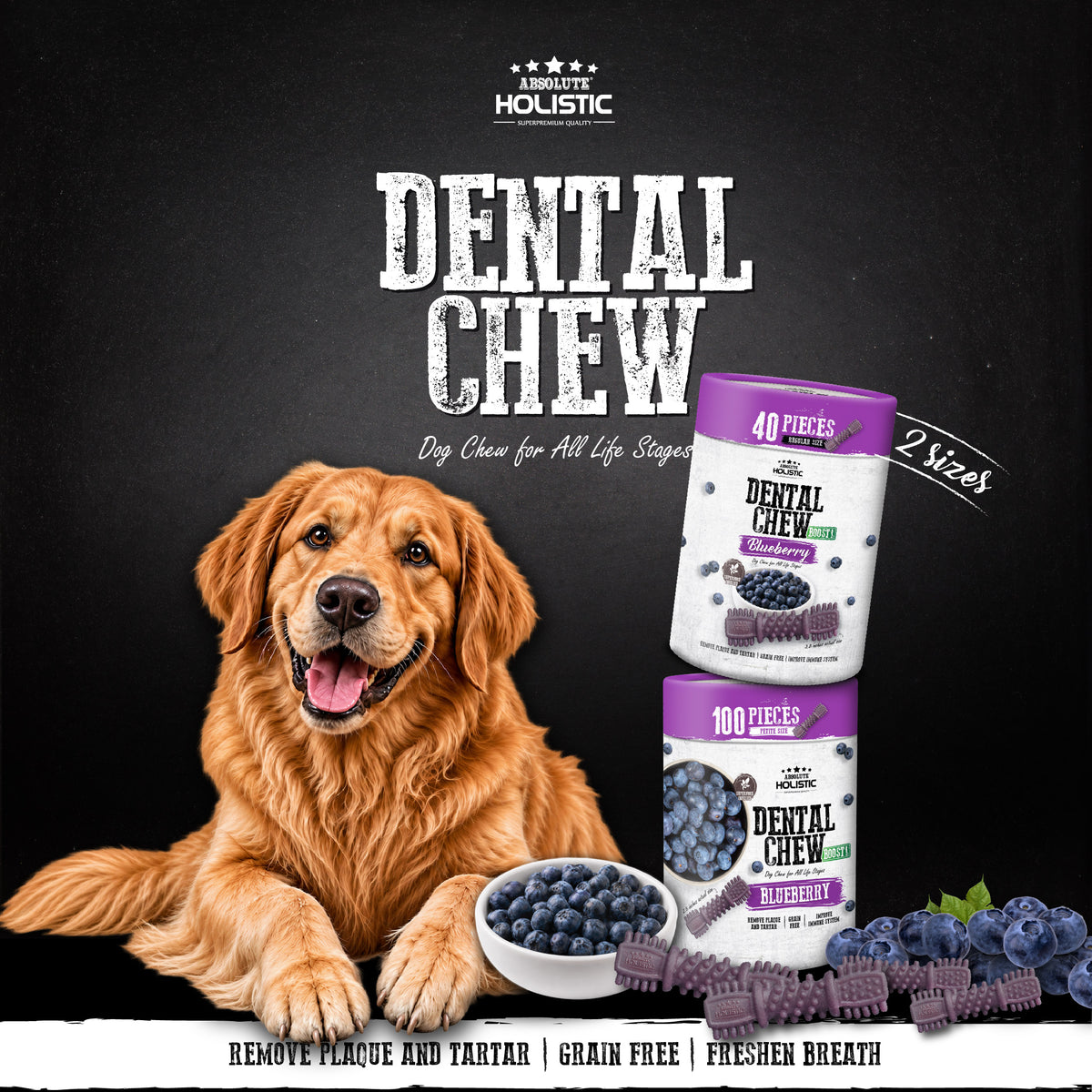 Absolute Holistic Boost! Dental Chew Value Tub For Dogs - Blueberry