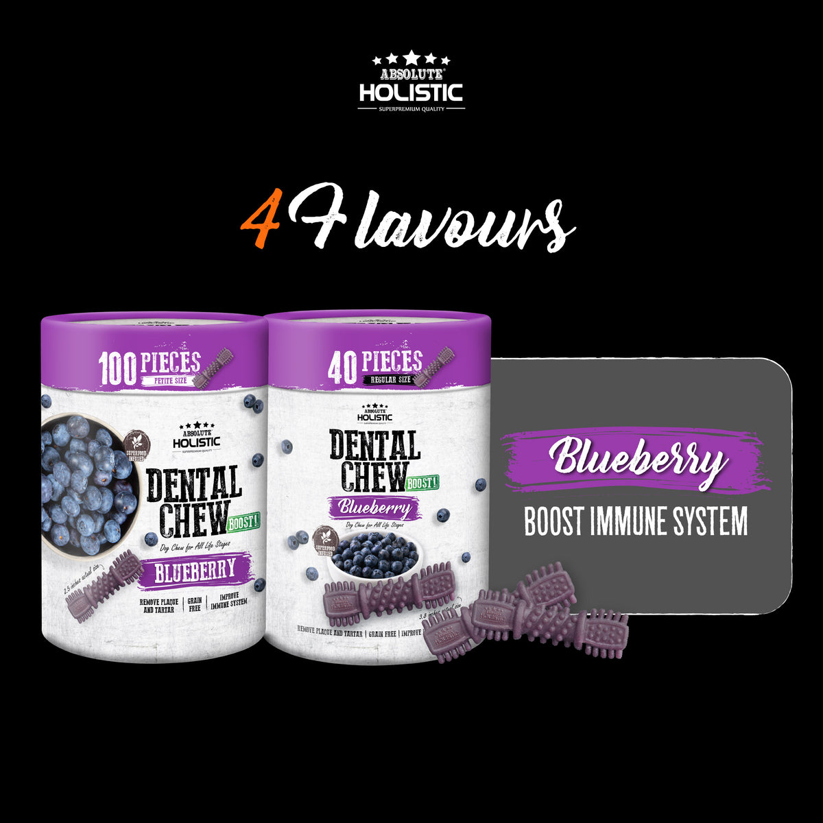 Absolute Holistic Boost! Dental Chew Value Tub For Dogs - Blueberry