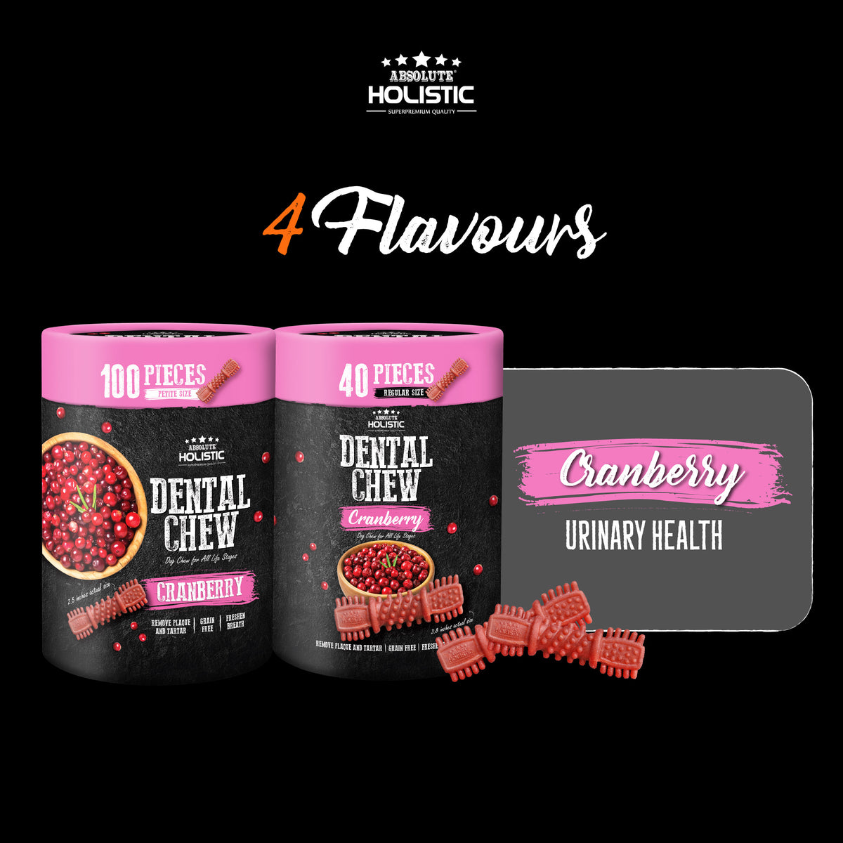 Absolute Holistic Dental Chew Value Tub For Dogs - Cranberry