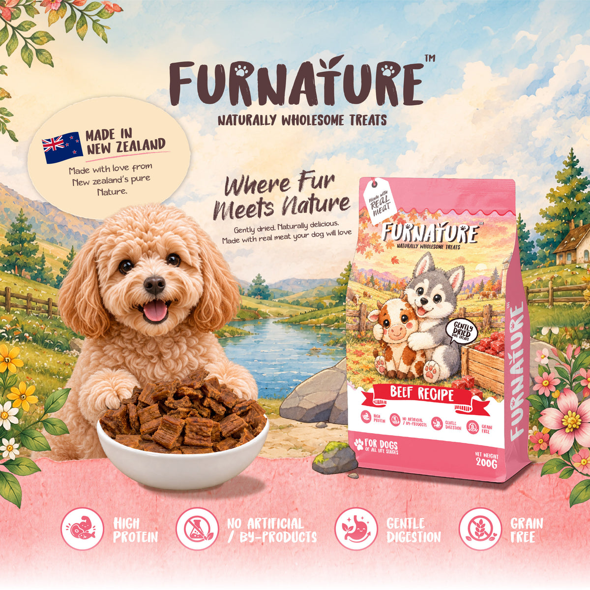 Fur Nature Natural Wholesome Gently Dried Dog Treats - Beef Recipe (200g)