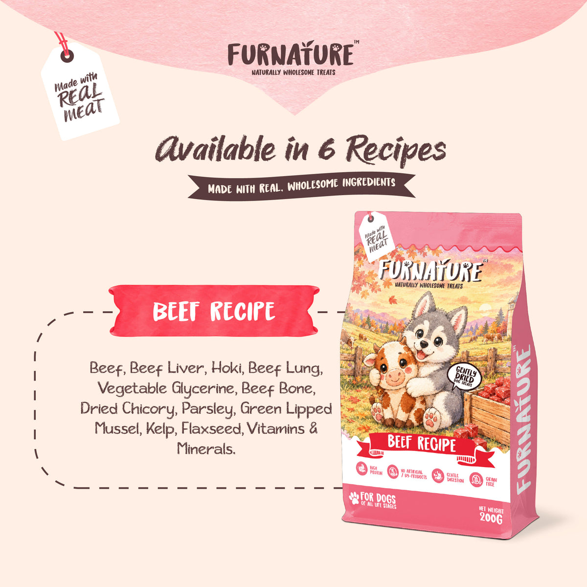 Fur Nature Natural Wholesome Gently Dried Dog Treats - Beef Recipe (200g)
