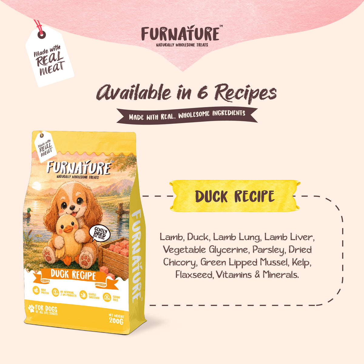 Fur Nature Natural Wholesome Gently Dried Dog Treats - Duck Recipe (200g)