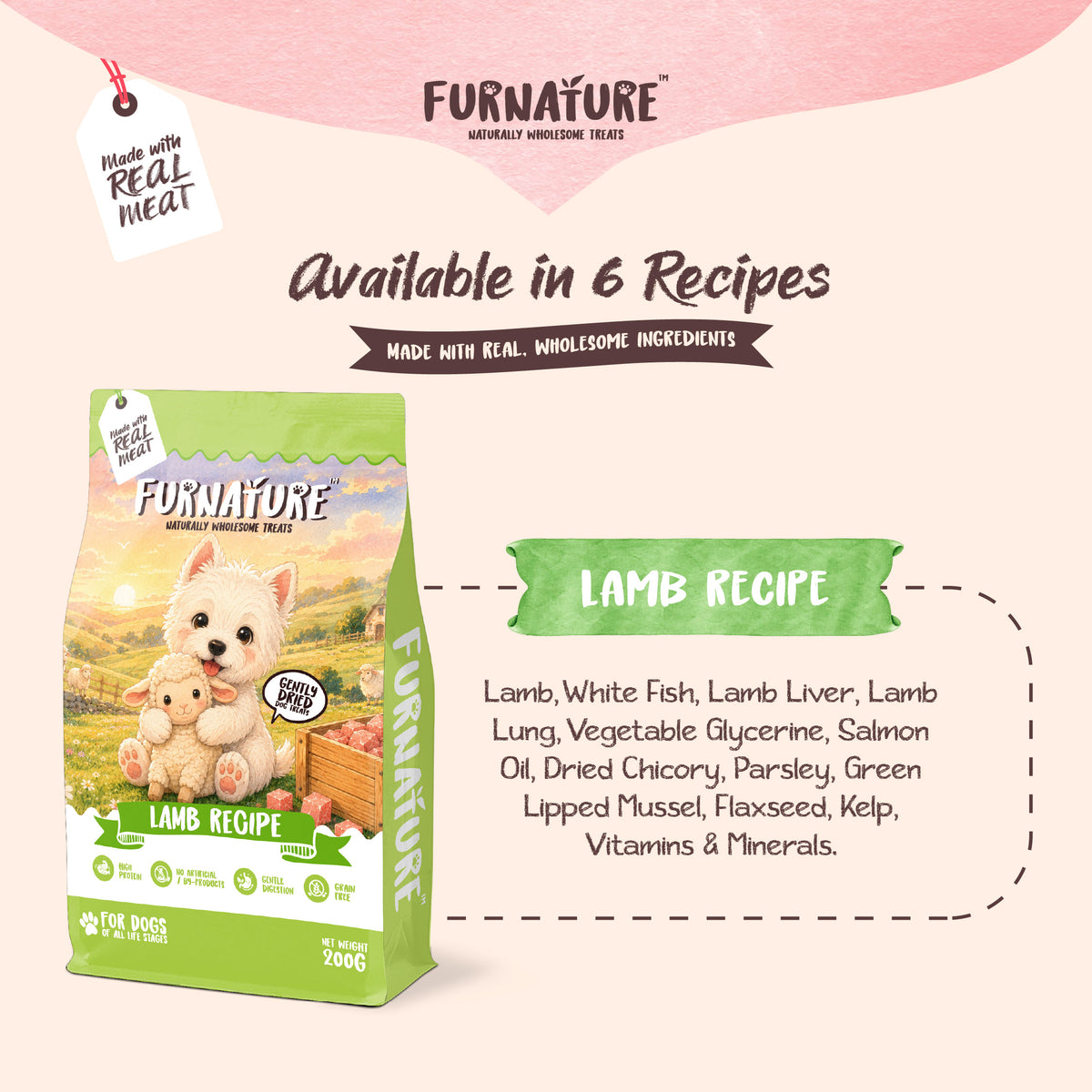 Fur Nature Natural Wholesome Gently Dried Dog Treats - Lamb Recipe (200g)