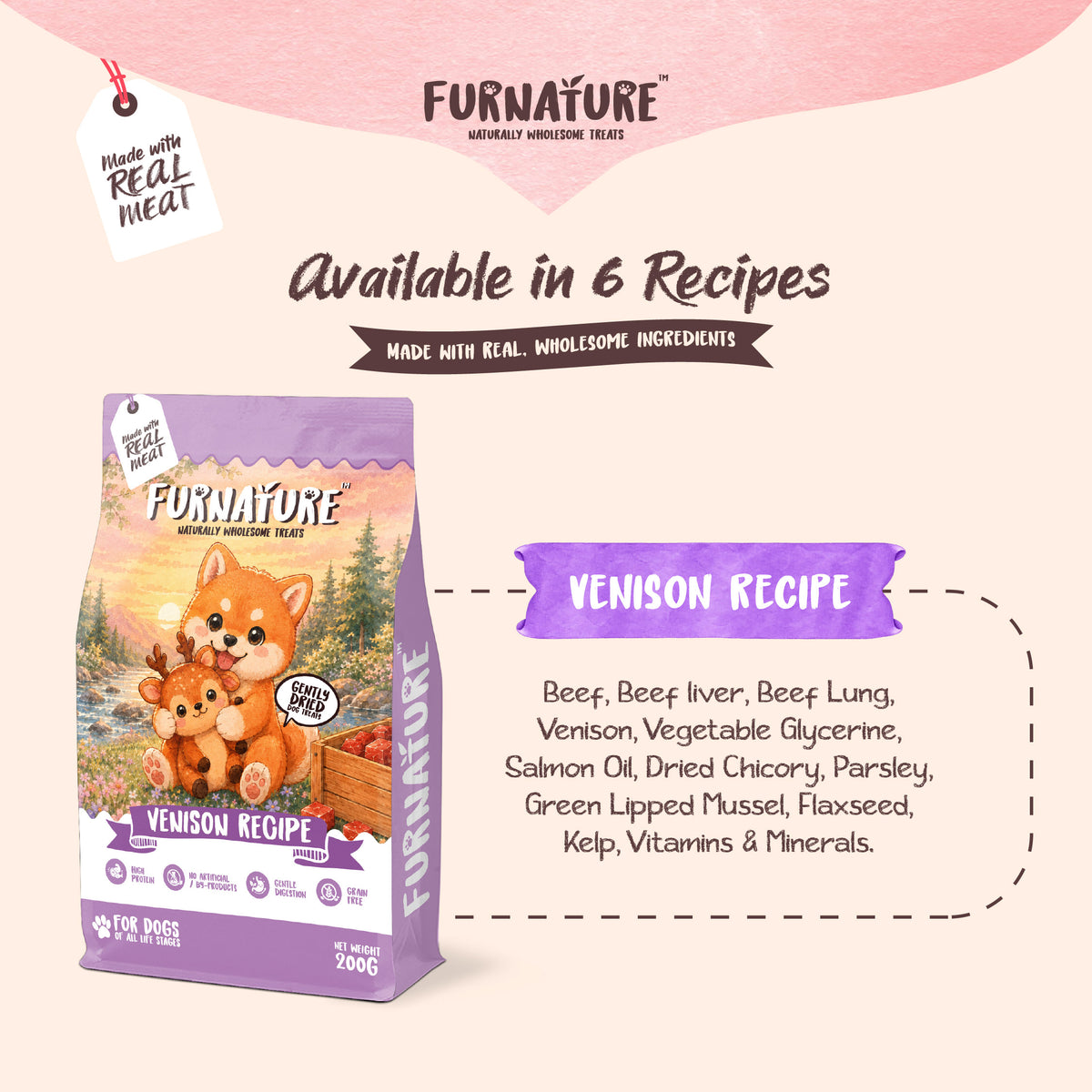 Fur Nature Natural Wholesome Gently Dried Dog Treats - Venison Recipe (200g)