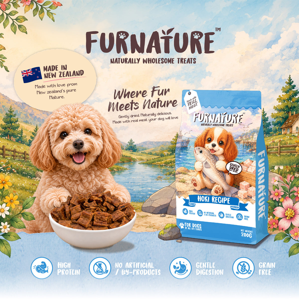 Fur Nature Natural Wholesome Gently Dried Dog Treats - Hoki Recipe (200g)