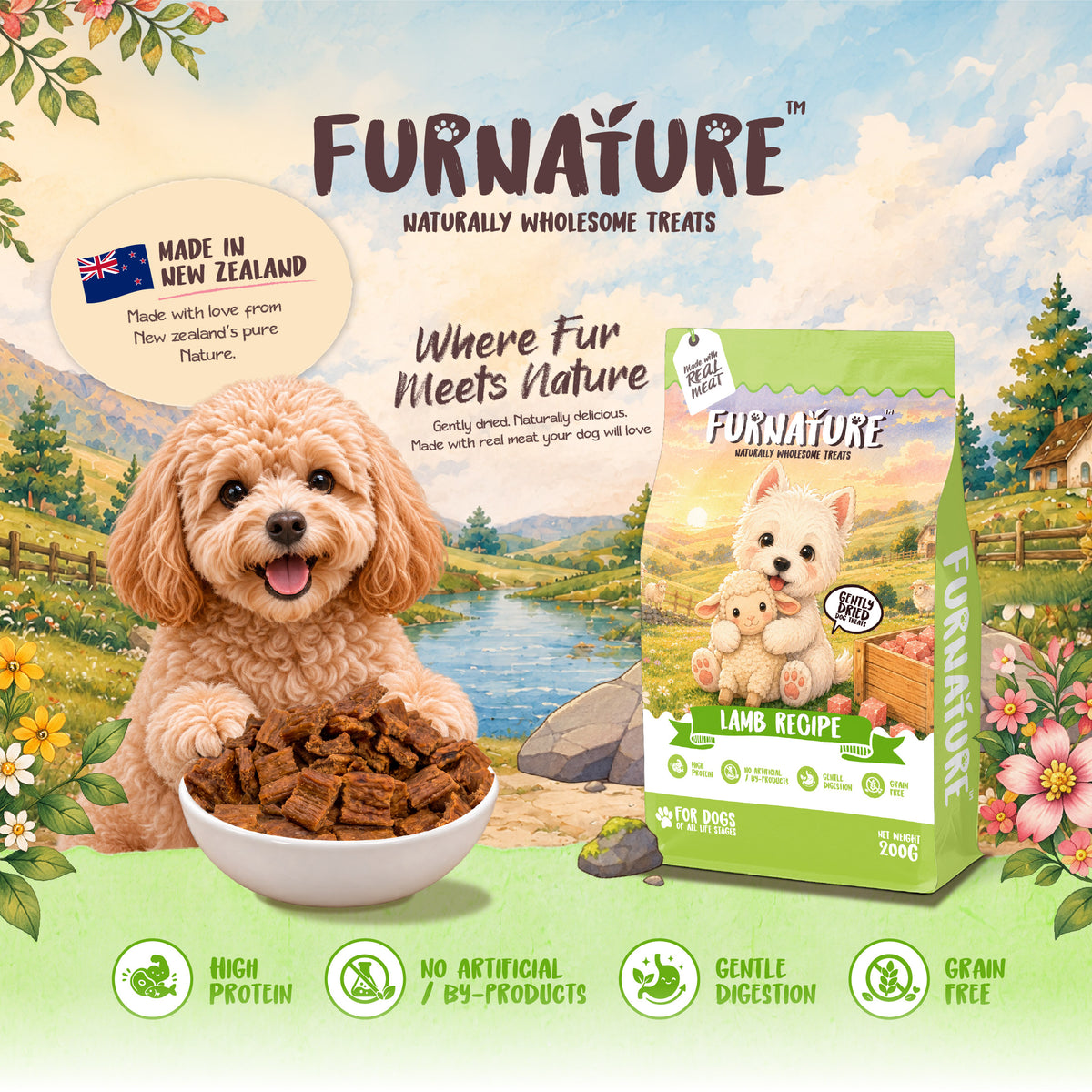 Fur Nature Natural Wholesome Gently Dried Dog Treats - Lamb Recipe (200g)