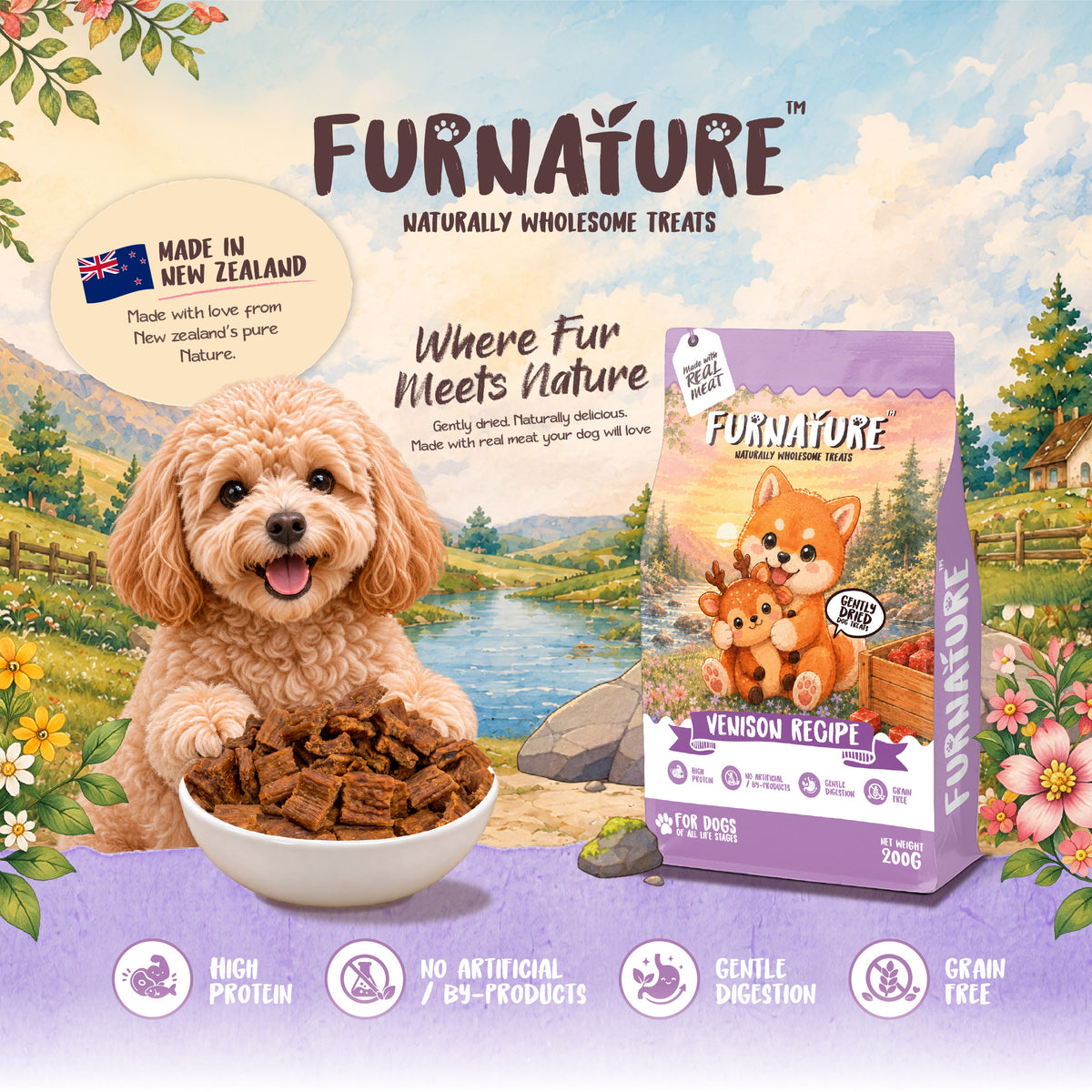 Fur Nature Natural Wholesome Gently Dried Dog Treats - Venison Recipe (200g)