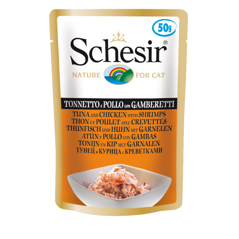 Schesir Tuna, Chicken With Shrimps Adult Pouch 50g x 12