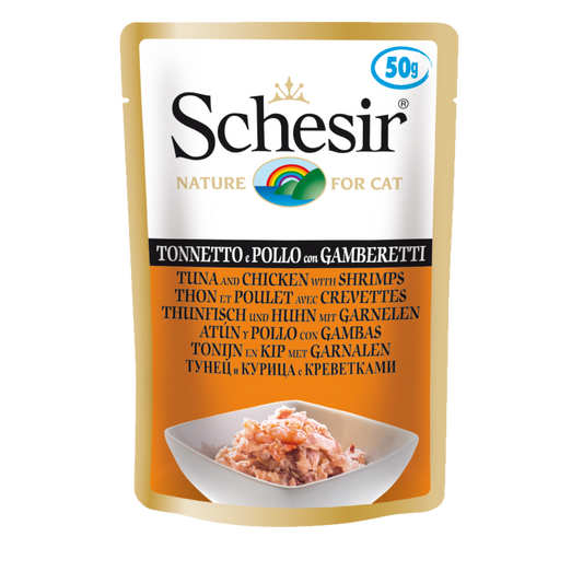 Schesir Tuna, Chicken With Shrimps Adult Pouch 50g x 12