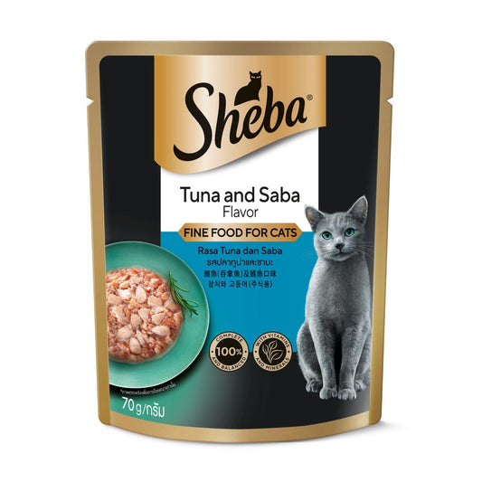 Sheba Pouch Wet Cat Food Tuna & Saba 70g, black and gold pouch with a gray cat and tuna dish.