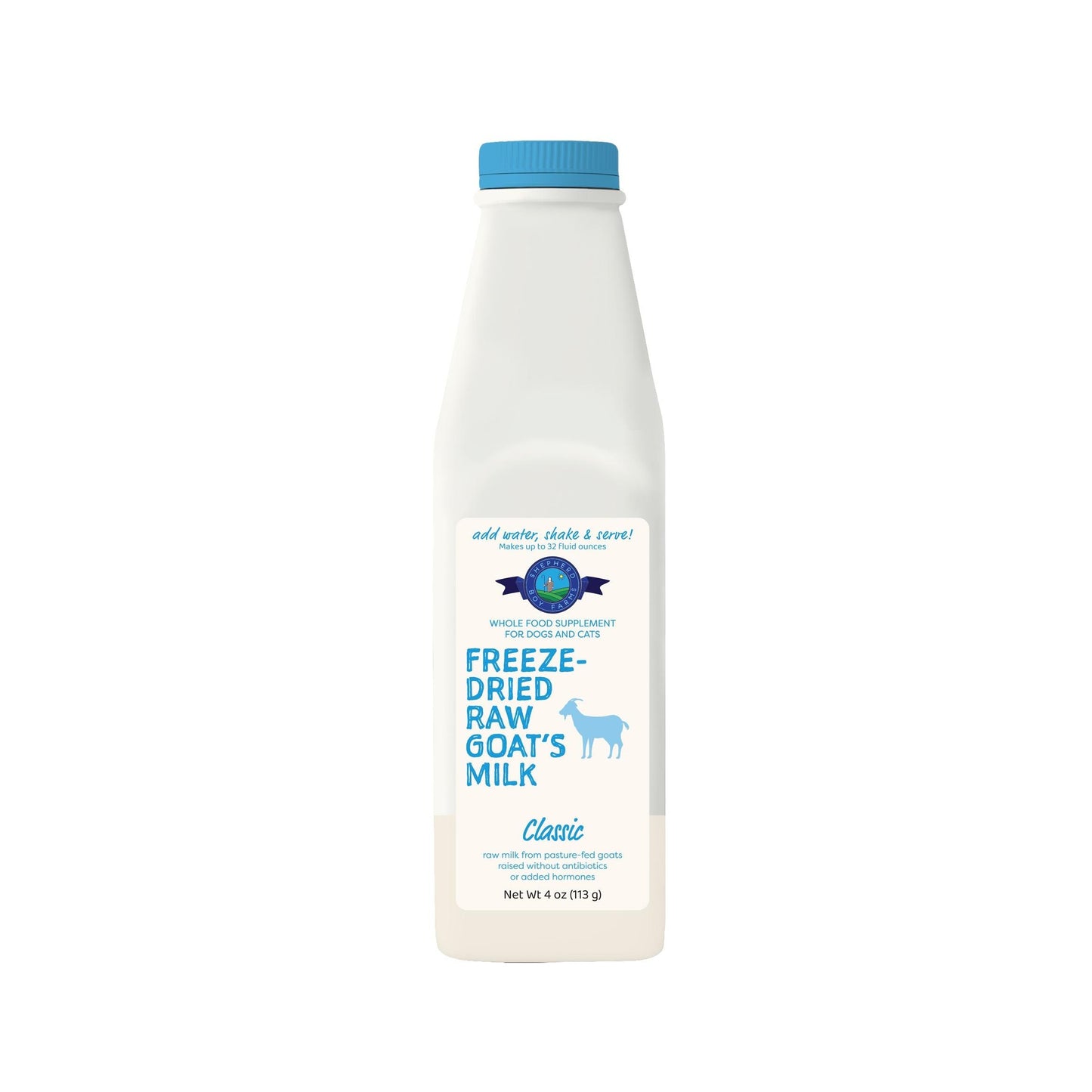 White bottle of Shepherd Boy Farms Freeze-Dried Raw Goat Milk Classic with a blue cap and label.