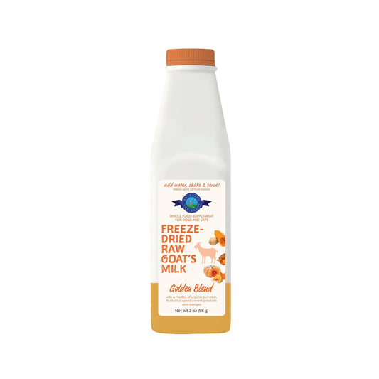 Shepherd Boy Farms Golden Blend freeze-dried raw goat's milk supplement in a white and orange bottle.