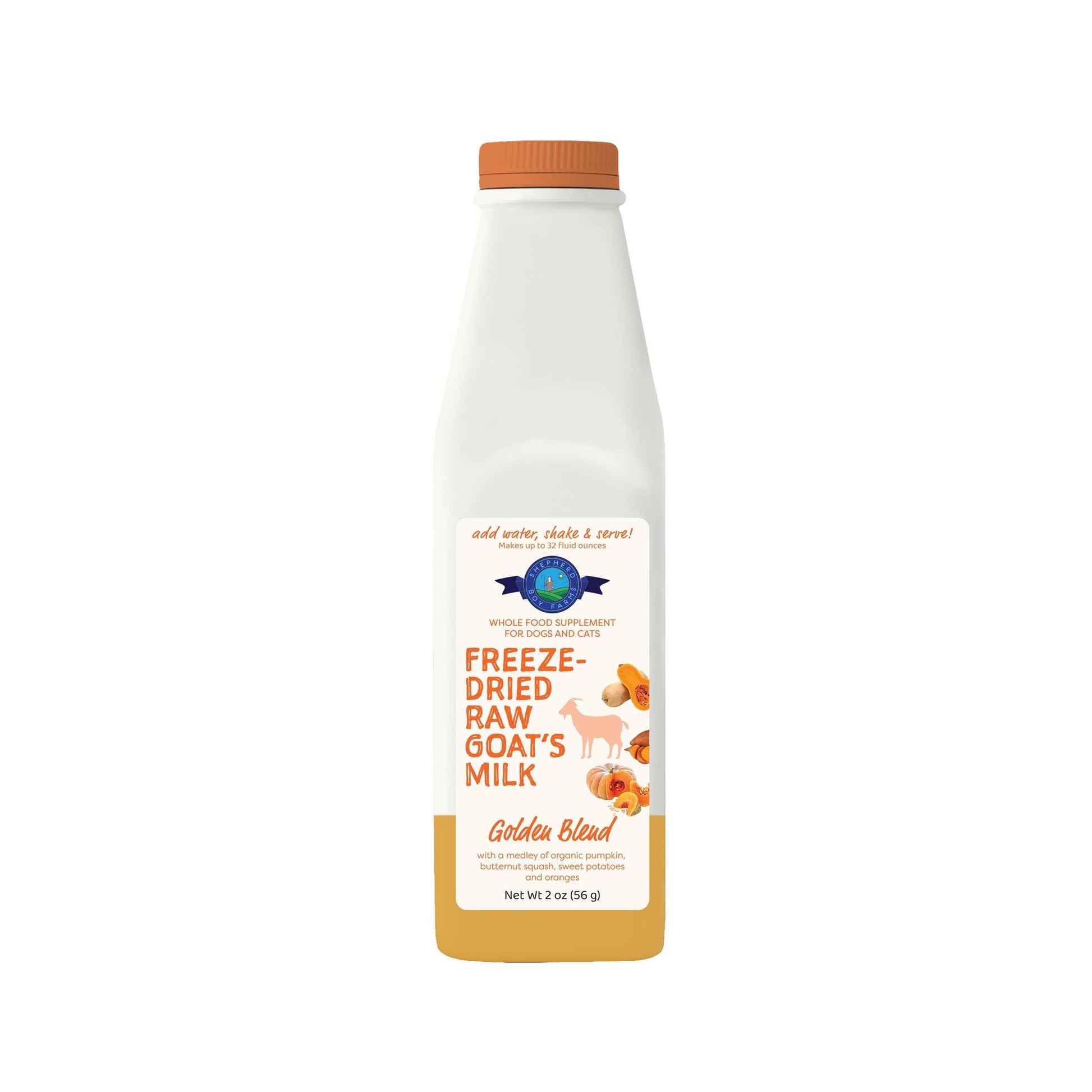Shepherd Boy Farms Golden Blend freeze-dried raw goat's milk supplement in a white and orange bottle.