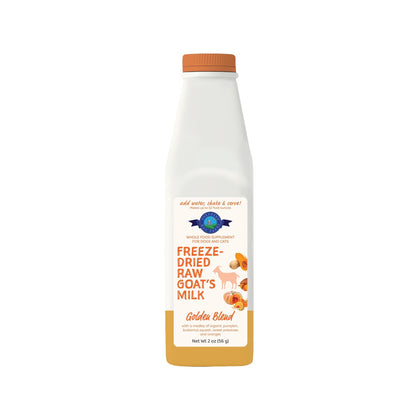 Shepherd Boy Farms Golden Blend freeze-dried raw goat's milk supplement in a white and orange bottle.