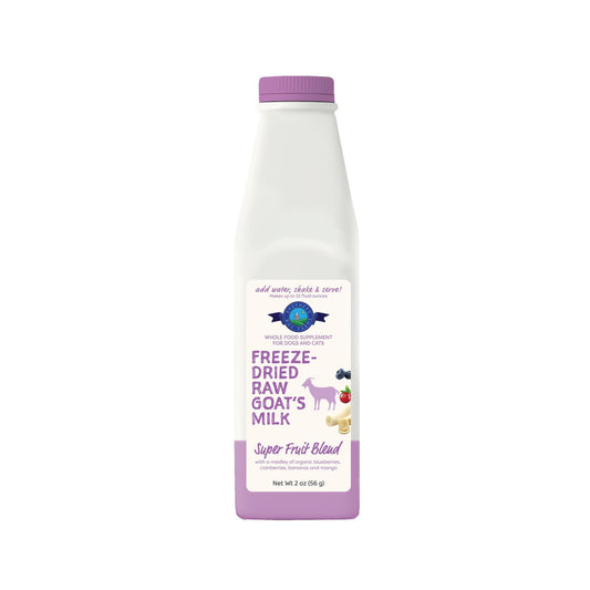 White bottle with purple cap and label for Shepherd Boy Farms Freeze-Dried Raw Goat's Milk Super Fruit Blend.