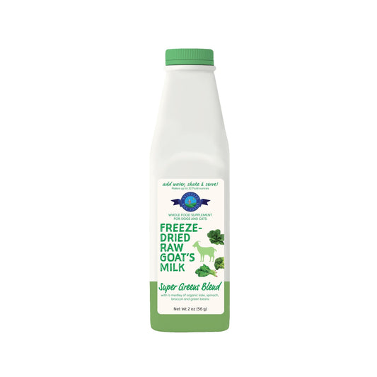 White bottle of Shepherd Boy Farms Freeze Dried Raw Goat Milk Super Greens with a green cap and label.
