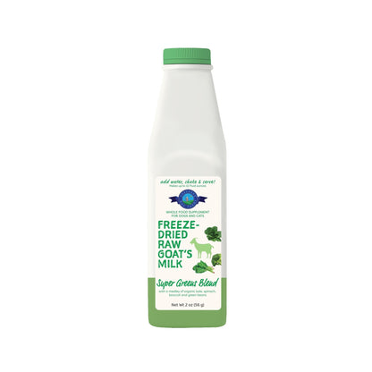 White bottle of Shepherd Boy Farms Freeze Dried Raw Goat Milk Super Greens with a green cap and label.
