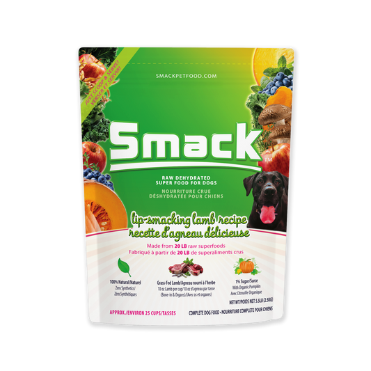 Smack Lip Smacking Lamb raw dehydrated dog food bag with lamb, pumpkin, and a black dog.