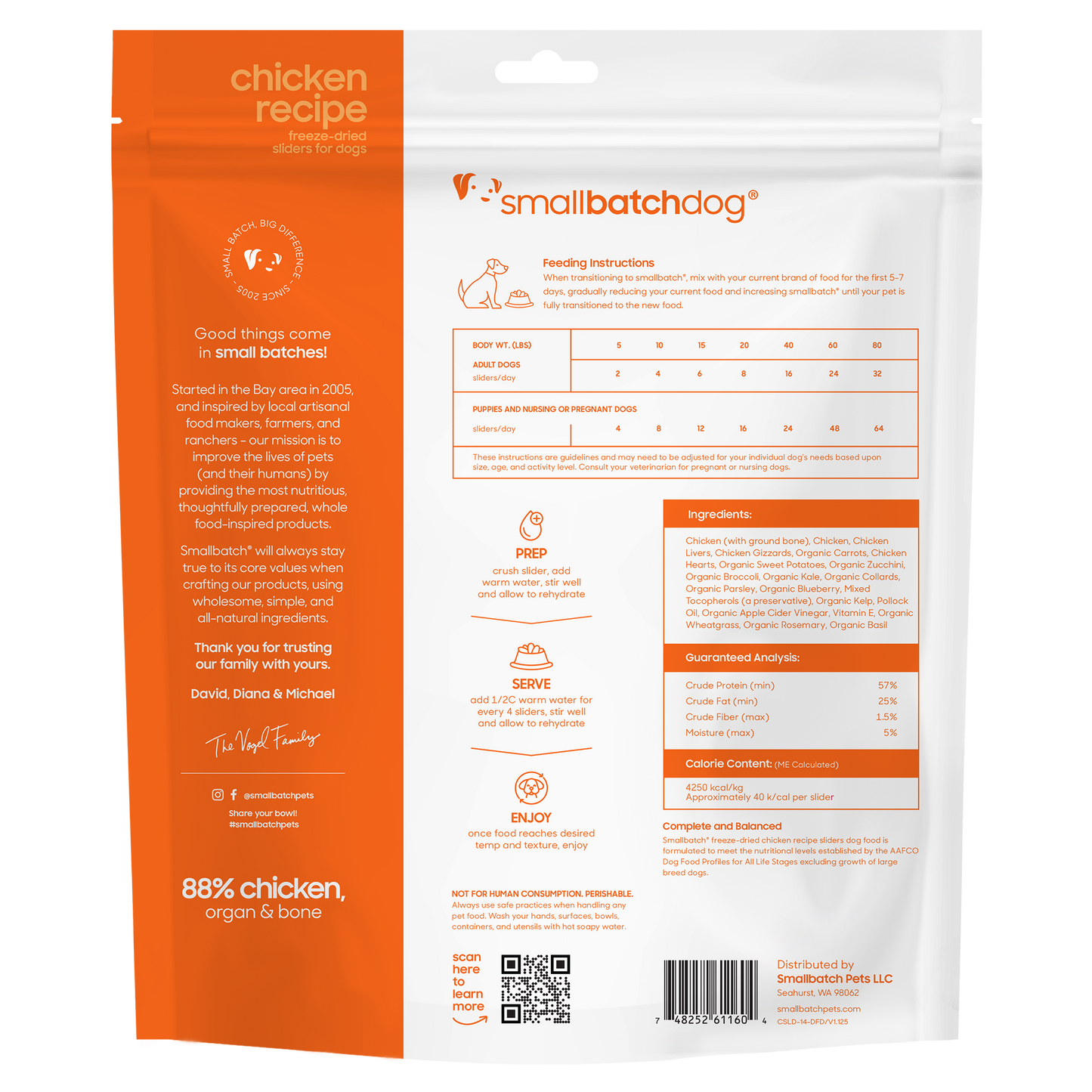 SmallBatch Freeze Dried Chicken Sliders 14oz bag with orange and white label, nutritional info.