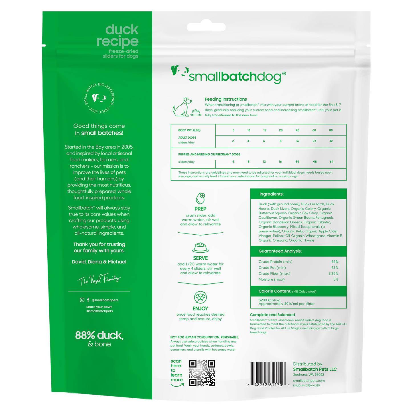 SmallBatch Freeze Dried Sliders 14oz Duck dog food in a green and white pouch, showing ingredients and feeding guide.