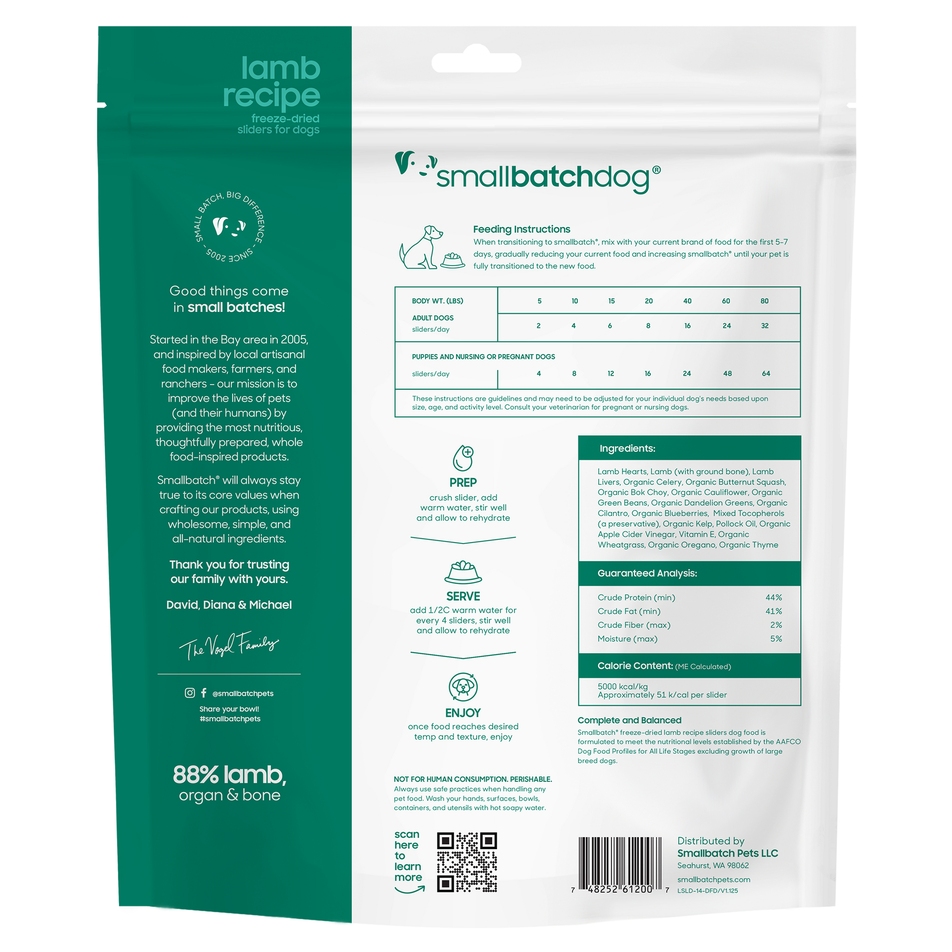 White pouch of SmallBatch lamb recipe freeze-dried sliders for dogs, with green and black text.