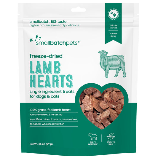 Smallbatch Freeze Dried Lamb Heart Treats for Cats & Dogs, 3.5oz white pouch with heart-shaped window.
