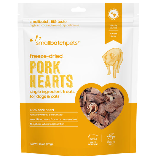 White and orange pouch of Smallbatch freeze-dried pork heart treats for cats and dogs, 3.5oz.