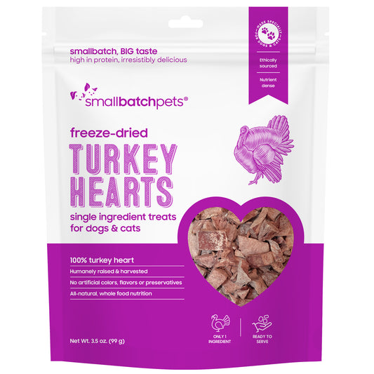 Smallbatch Freeze Dried Turkey Heart Treats for Cats & Dogs, 3.5oz white and purple pouch.