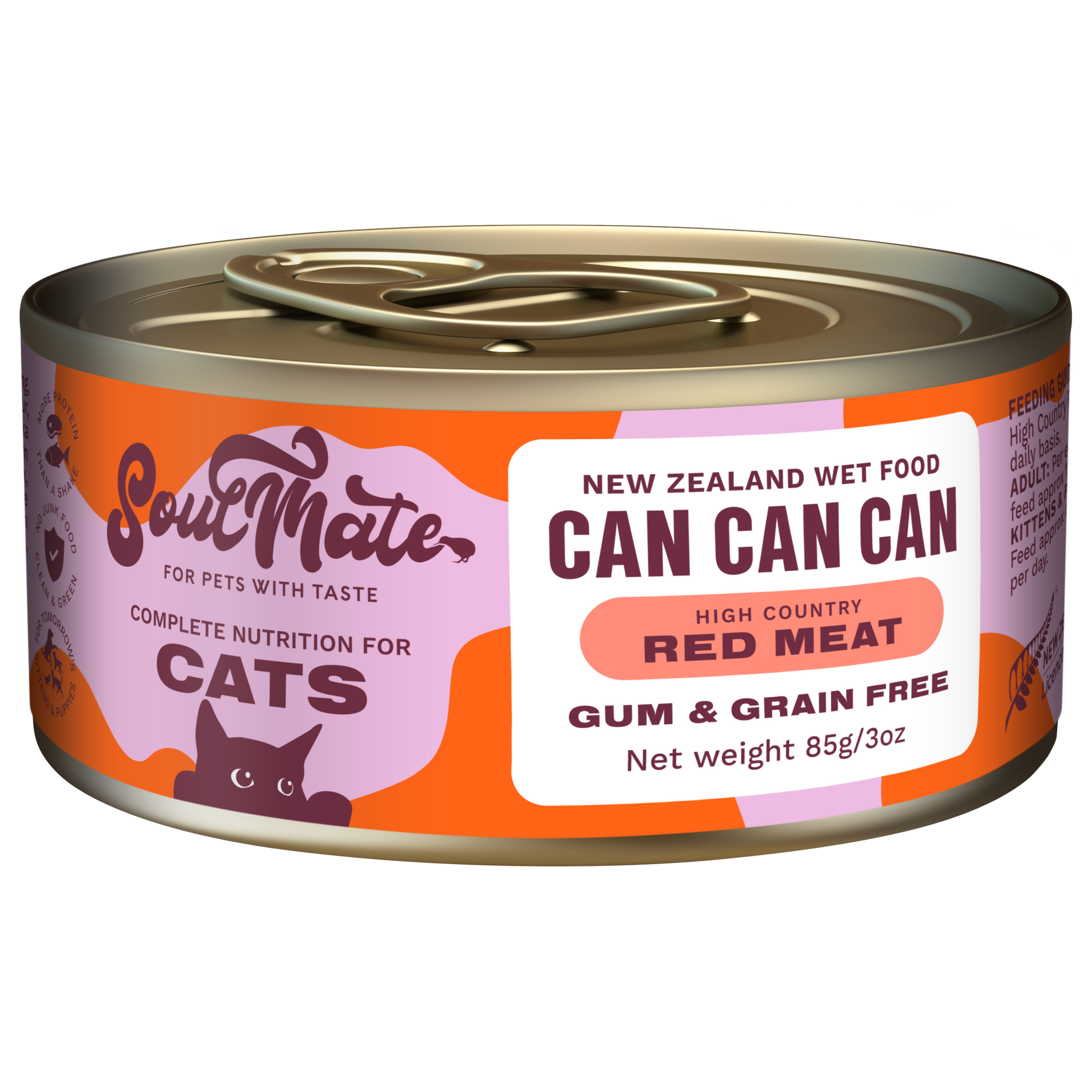 Soulmate Can Can Can High Country Red Meat Cat 85g wet food can with orange, pink, and purple label.