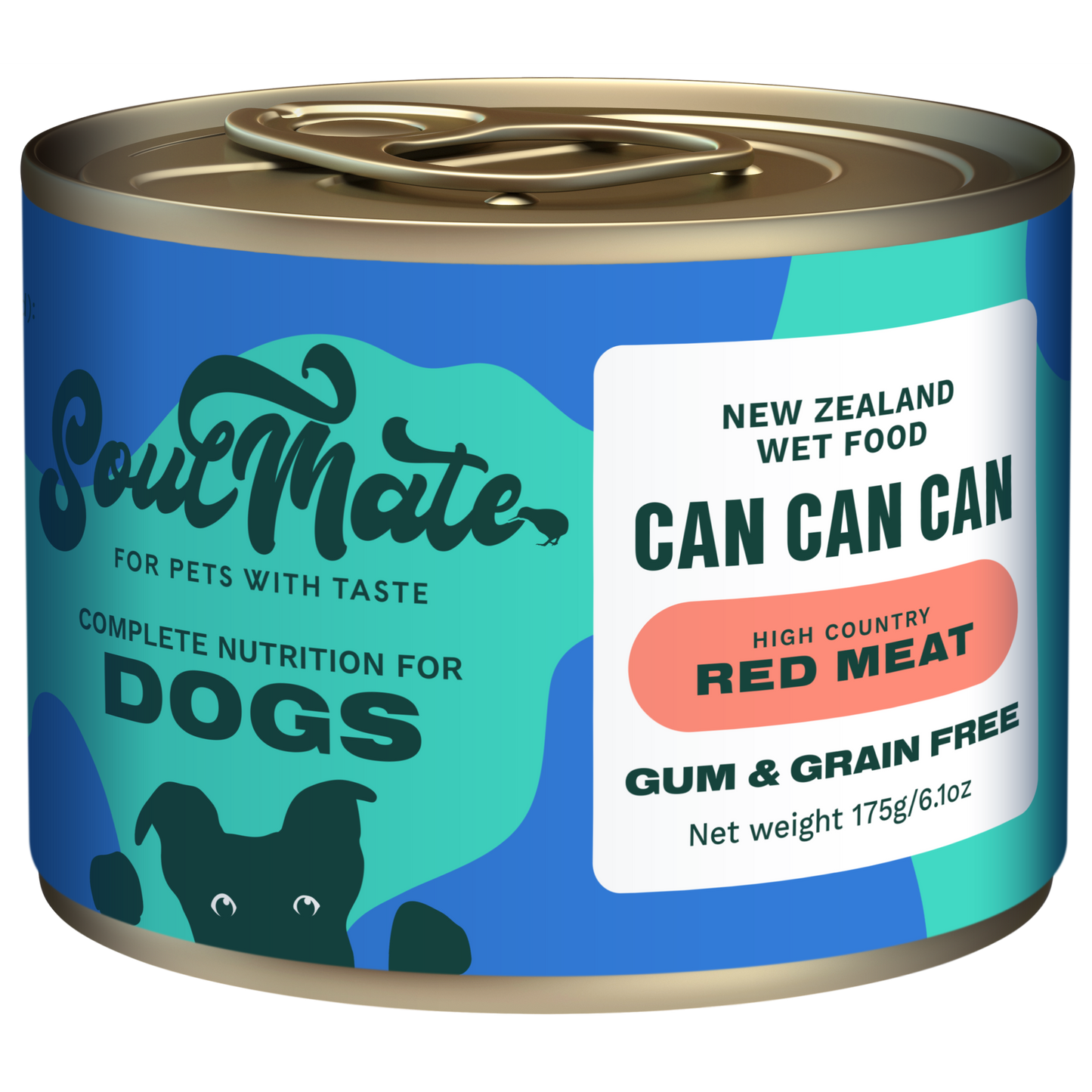 Soulmate Can Can Can High Country Red Meat Dog 175g wet food can with blue and green label, featuring a dog silhouette.