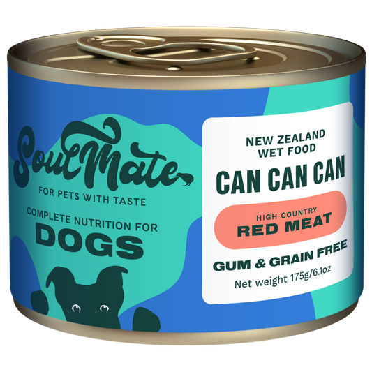 Soulmate Can Can Can High Country Red Meat Dog 175g wet food can with blue and green label, featuring a dog silhouette.