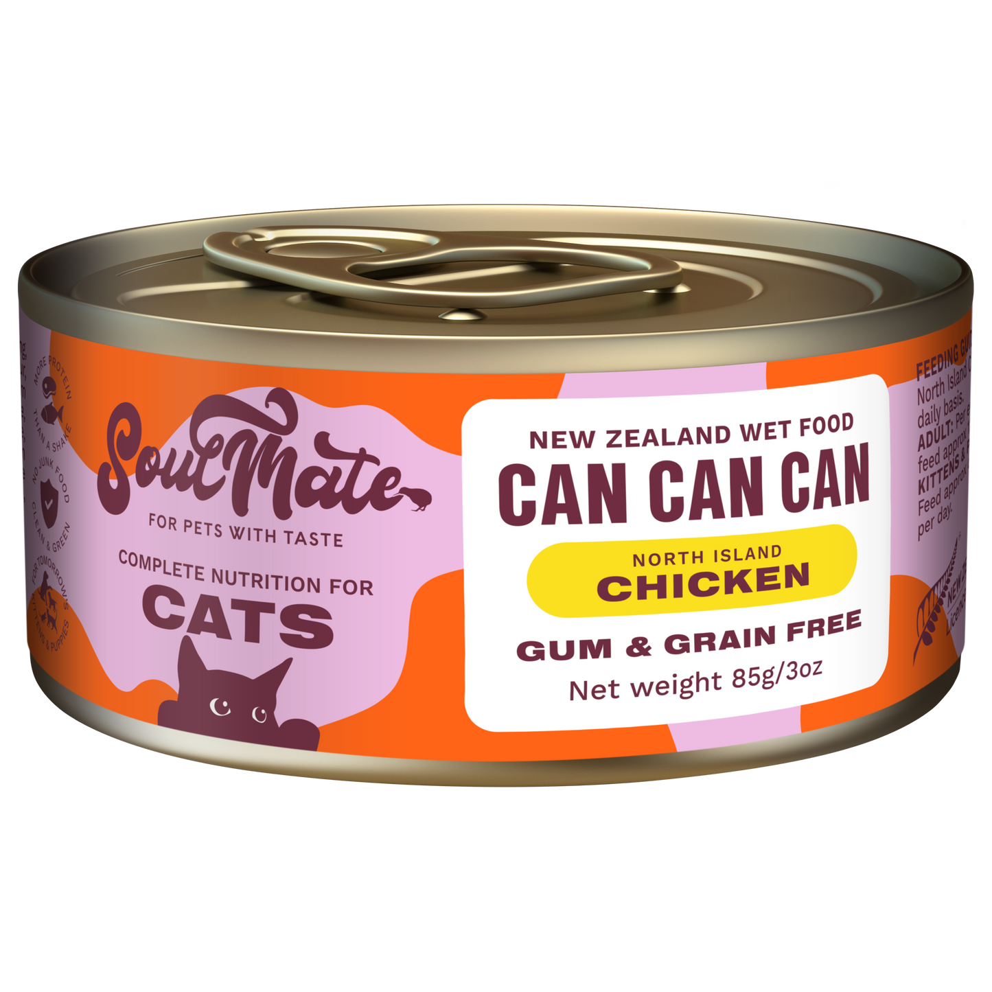 Soulmate Can Can Can North Island Chicken wet cat food, 85g, with orange and pink label.