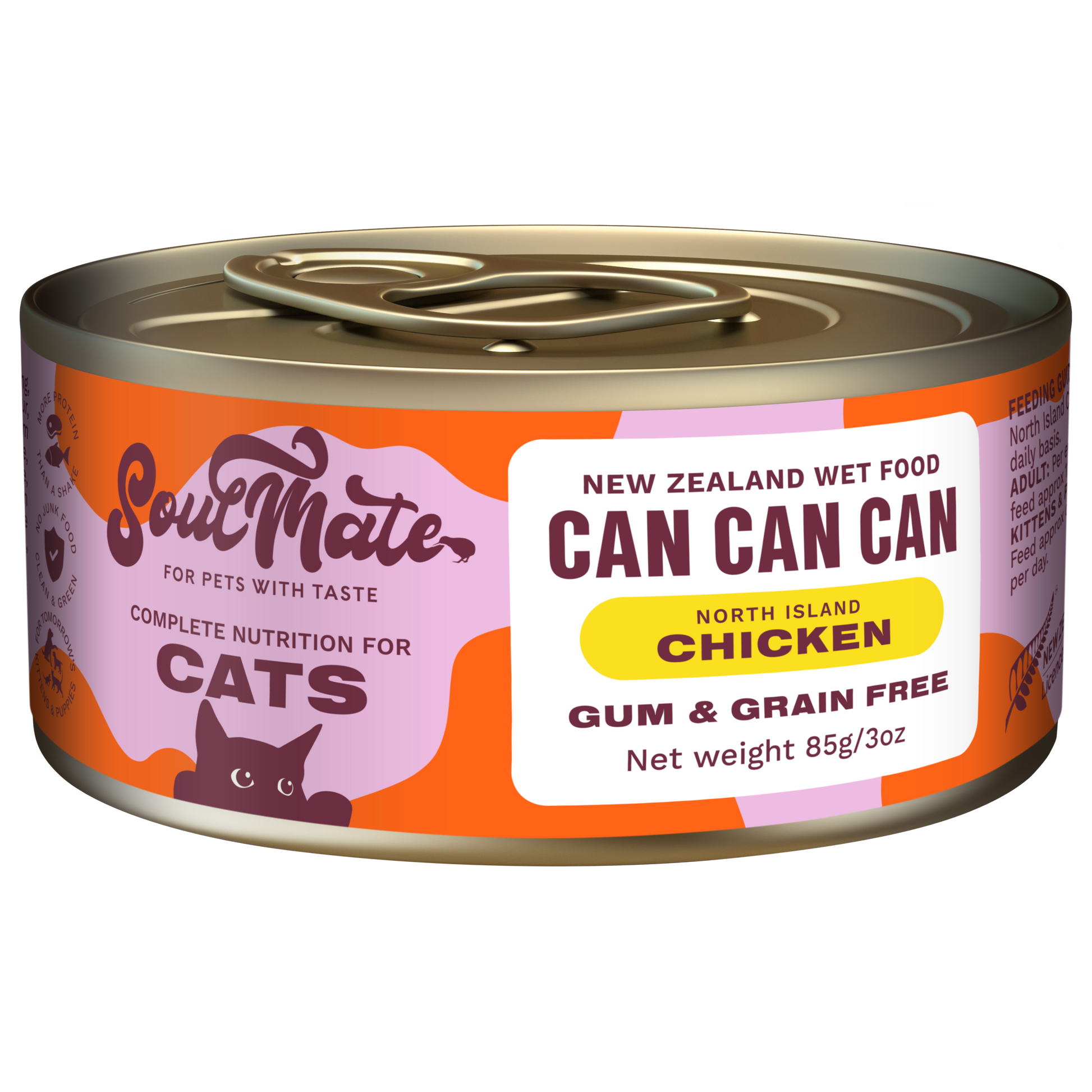 Soulmate Can Can Can North Island Chicken wet cat food, 85g, with orange and pink label.