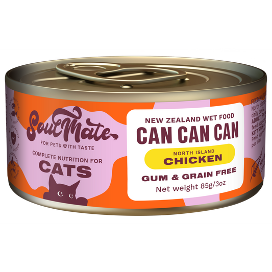 Soulmate Can Can Can North Island Chicken wet cat food, 85g, with orange and pink label.