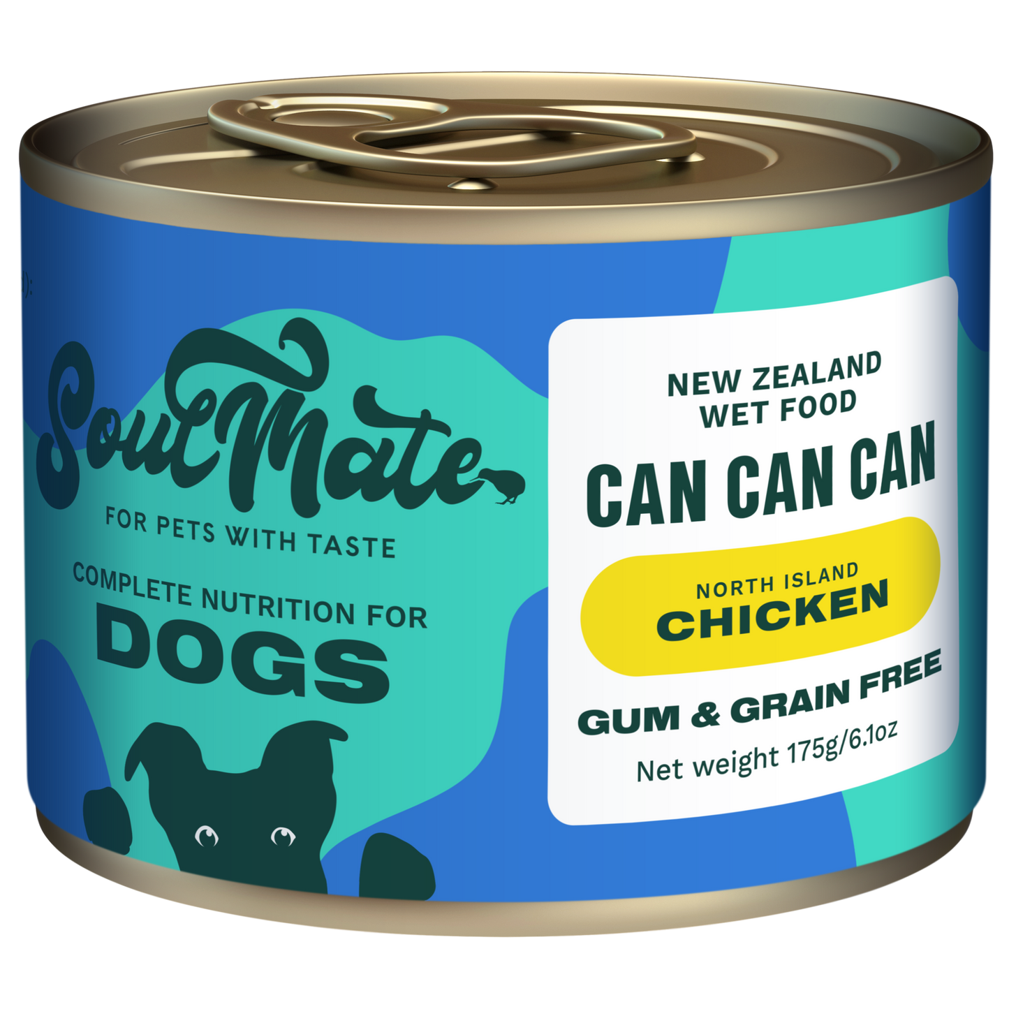Soulmate Can Can Can North Island Chicken dog wet food, 175g blue and green can with a playful dog design.