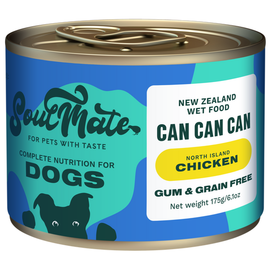 Soulmate Can Can Can North Island Chicken dog wet food, 175g blue and green can with a playful dog design.
