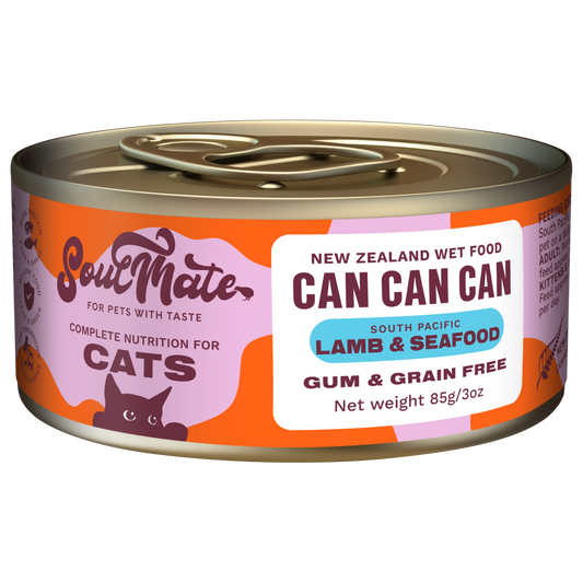 Soulmate Can Can Can South Pacific Lamb & Seafood wet cat food, 85g, with orange and pink label.