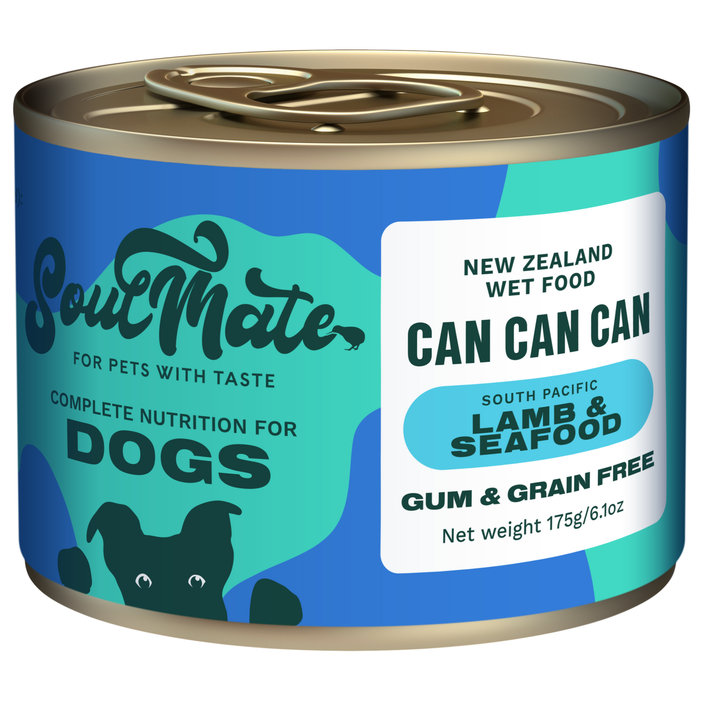 Soulmate Can Can Can dog food, 175g, blue and teal label with "Lamb & Seafood" and a dog silhouette.