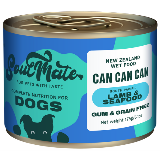 Soulmate Can Can Can dog food, 175g, blue and teal label with "Lamb & Seafood" and a dog silhouette.
