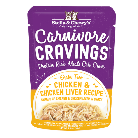 Stella & Chewy's Carnivore Cravings Chicken & Chicken Liver Recipe cat food pouch with shredded meat in broth.
