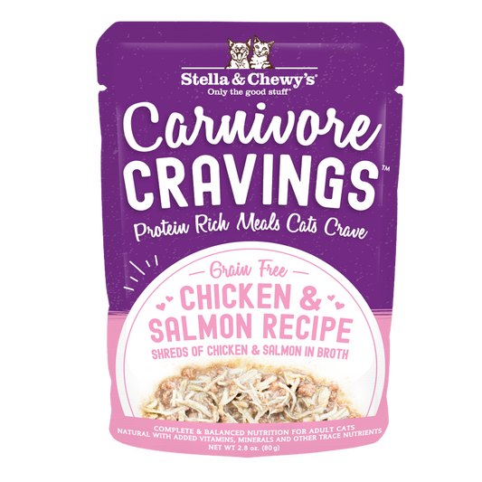 Stella & Chewy's Carnivore Cravings Chicken & Salmon Recipe cat food pouch with shredded meat in broth.