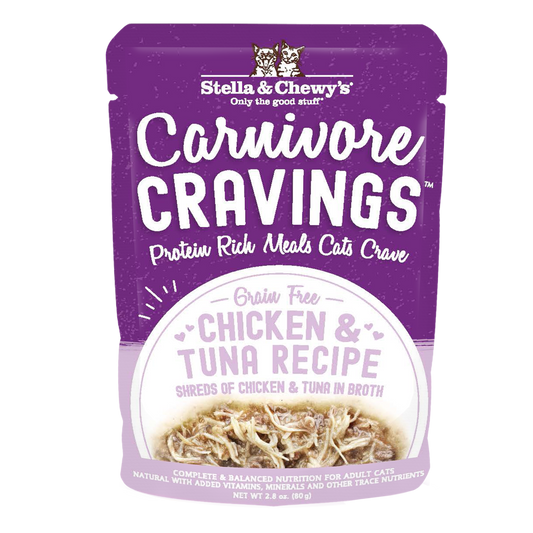 Stella & Chewy's Carnivore Cravings Chicken & Tuna Recipe cat food pouch with shredded meat in broth.